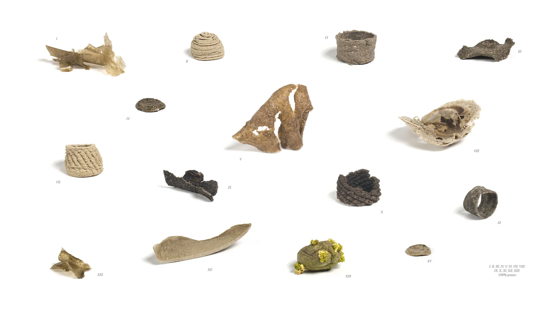 An overview of different manufactured biomaterials created by Jannis Schäfer Studio, titled 'The Nature of Transformation: Lessons from a Potato.' The image showcases various forms made from 100% potato using techniques such as fermentation, 3D printing, hand forming, and molding. The pieces vary in shape and texture, demonstrating the versatility and transformation of potato-based biomaterials.