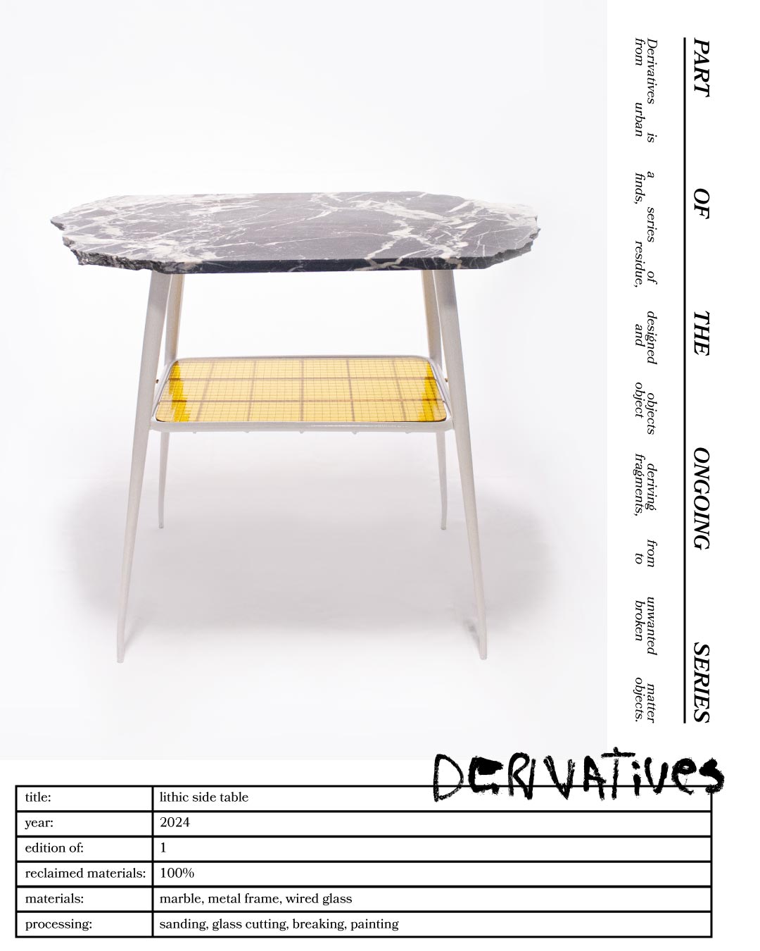 "The 'Lithic Side Table,' created by Jannis Schäfer Studio, is made from reclaimed black marble (nero Marquina) and wired glass, set on an unwanted table frame. This upcycled, recycled, and transformed piece is part of a series of derivative designs. The table features a black marble top with white veining and a yellow wired glass shelf beneath."