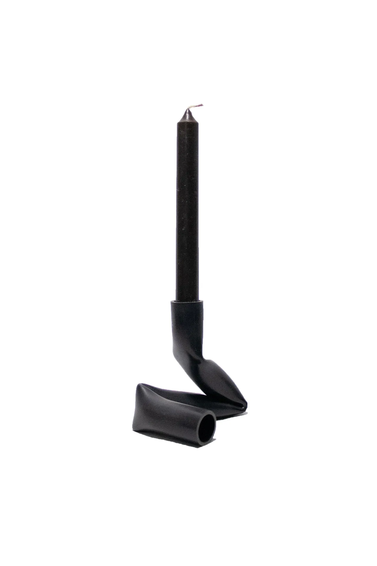 A candle holder created by Jannis Schäfer Studio, made from upcycled PVC tube. The design features a unique, twisted form with two cylindrical openings for candles. This transformed and reclaimed material piece is part of a series of derivative designs.